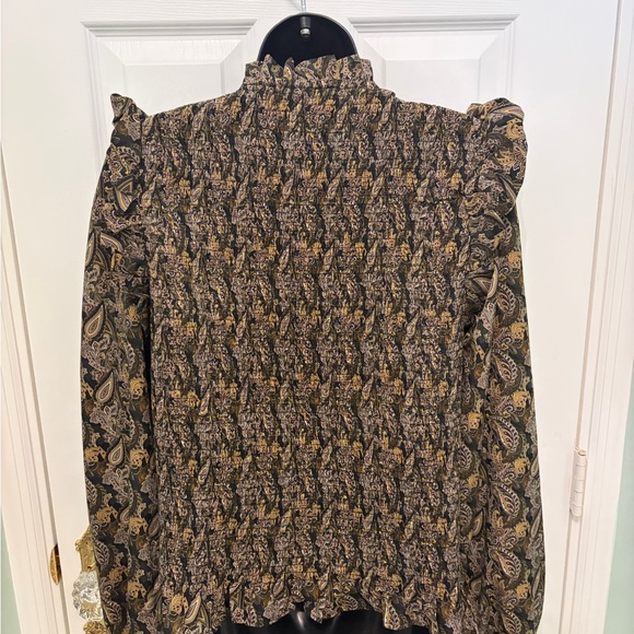Molly Bracken Multicolor Brown Paisley Ruffle Puff Sleeve Blouse, Stretchy NWOT - Picture 2 of 7